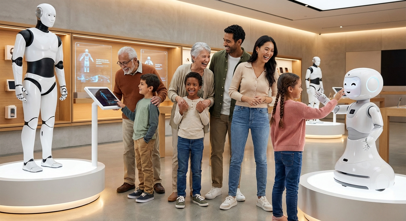 Friendly robot helping a family